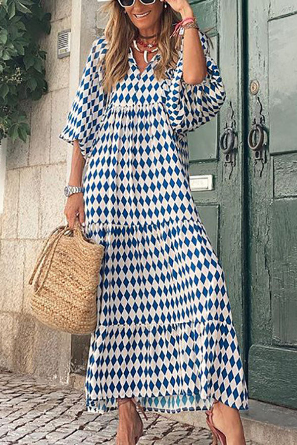 V Neck Lantern Sleeve Printed Ruffle Maxi Holiday Dress