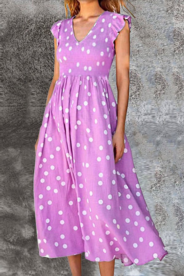 V-neck High Waist Polka Dot Print Dress