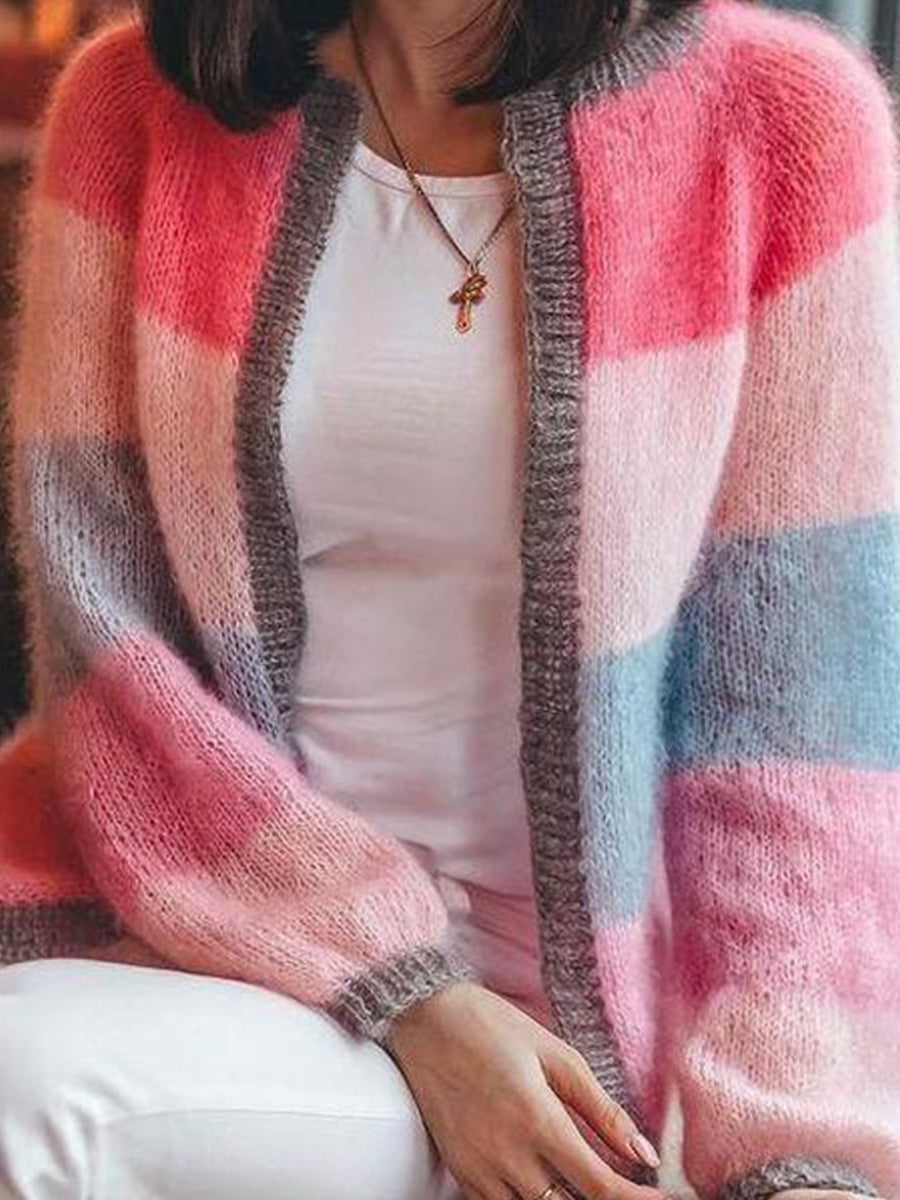 Sweet Color Block Open Front Cardigan