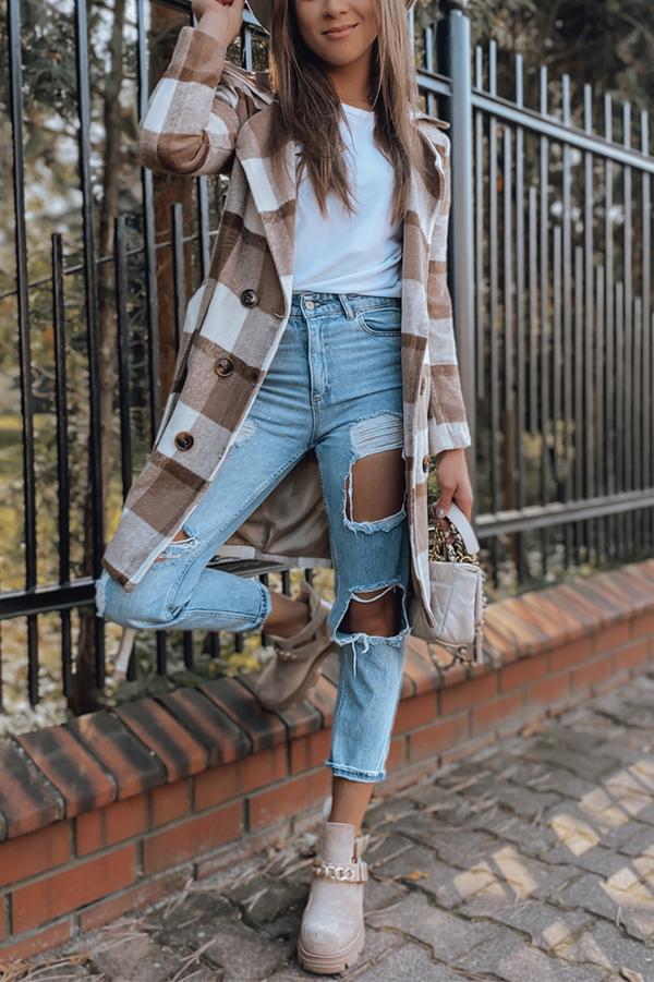Double Row Button Checked Wool Coat