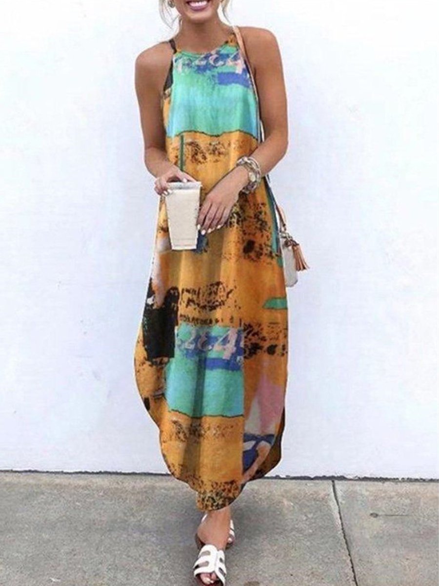 Fashion Contrast Color Print Maxi Dress
