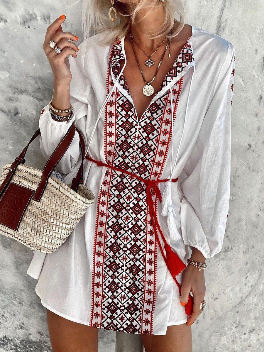 Tribe Print V-neck Lace-up Long Sleeve Vacation Dress