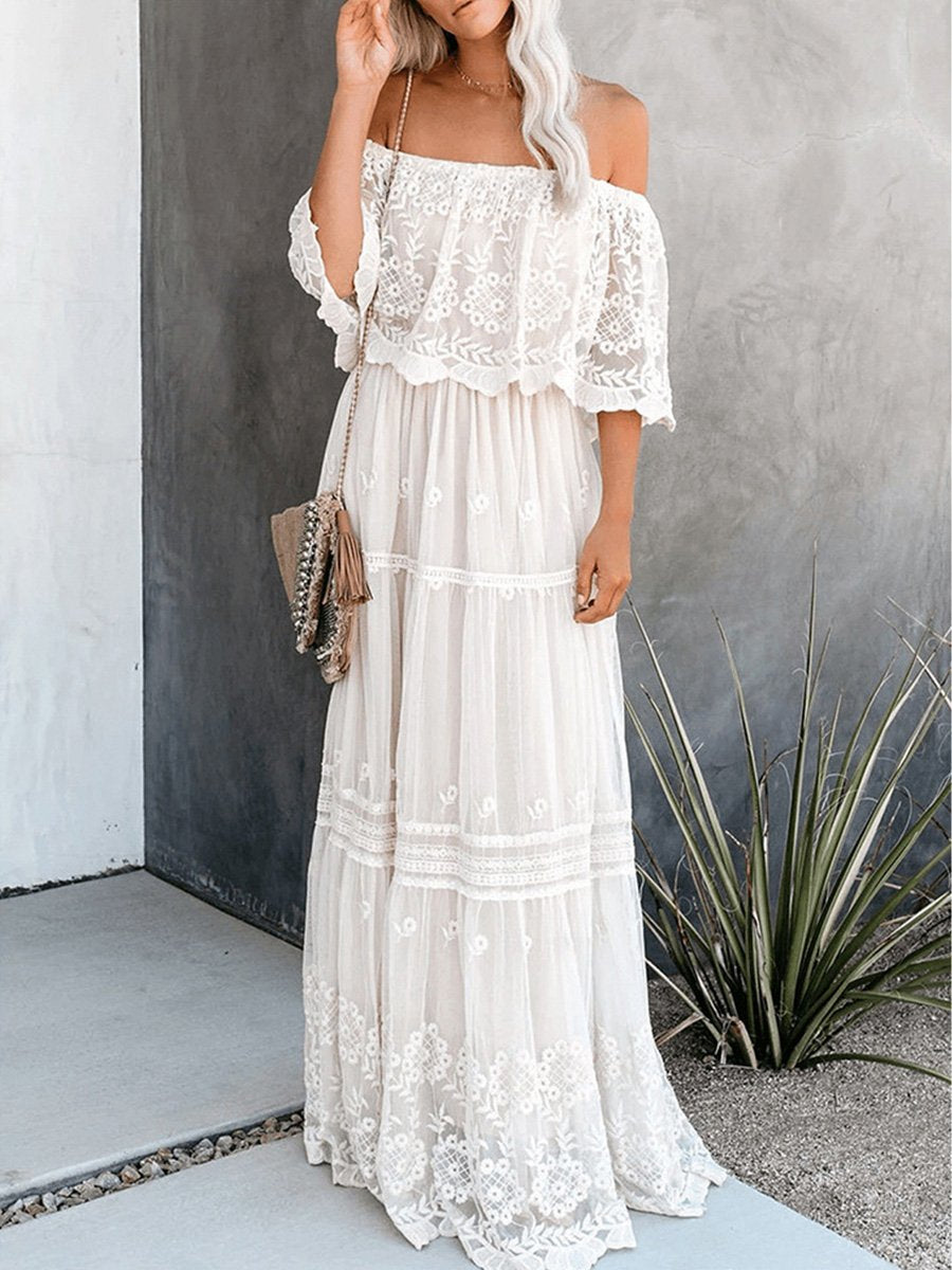 High Waist Off-shoulder Lace Dress