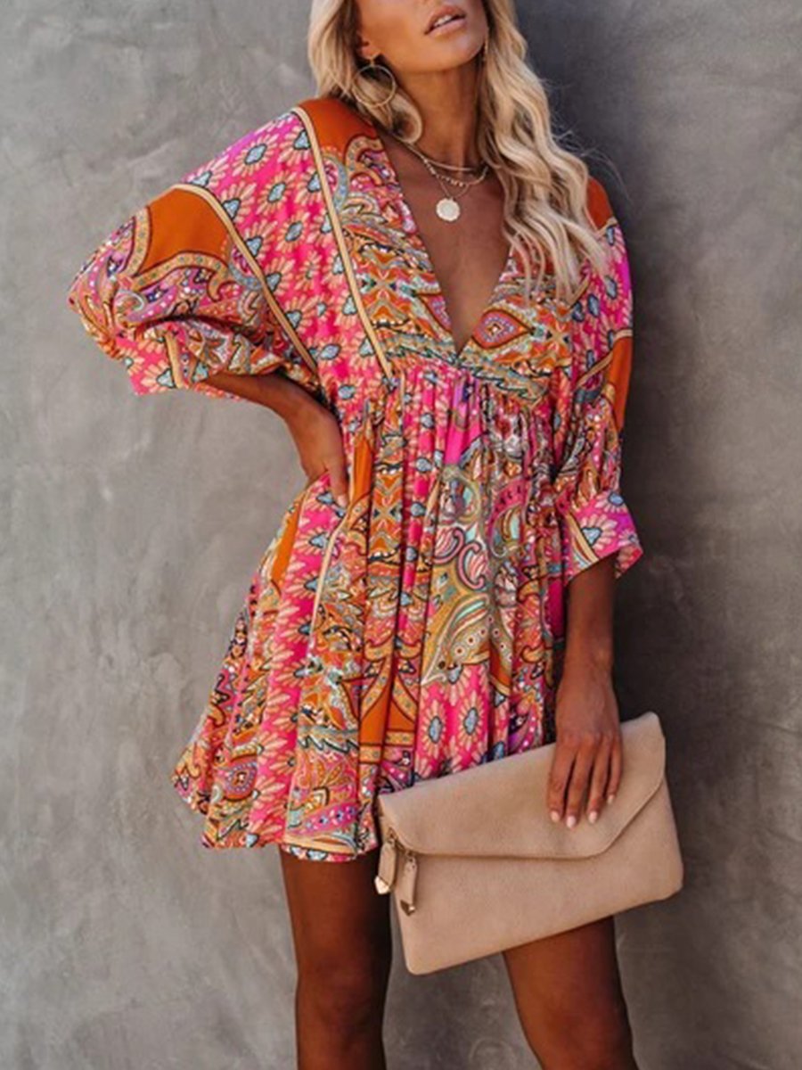 Multicolour V Neck 3/4 Sleeve Bohemian Mini Dress