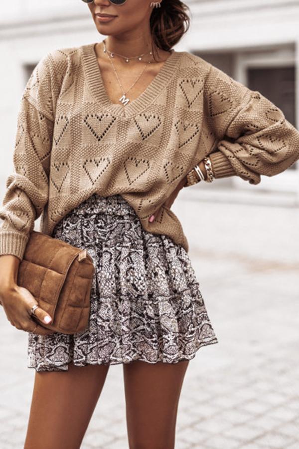 V-neck Heart-shaped Hollow Loose Knit Sweater