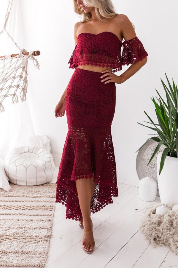 Off Shoulder Lace High Low Skirt Suit