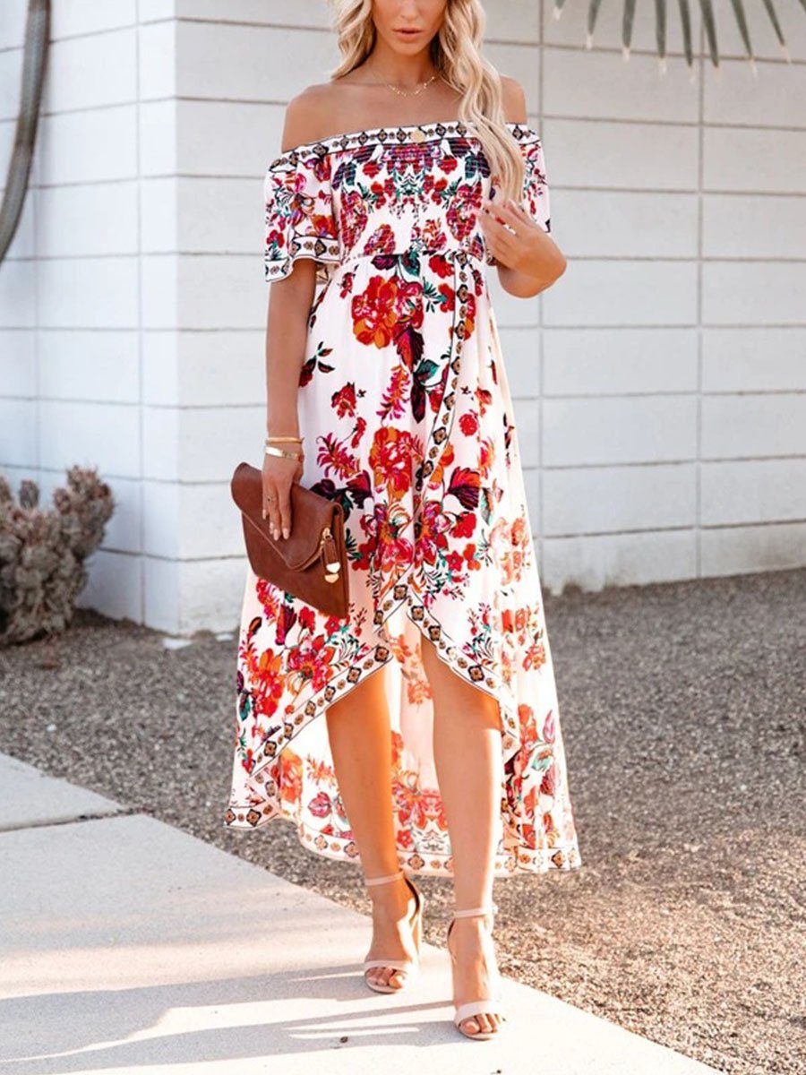 Off Shoulder Floral Print Irregular Dress