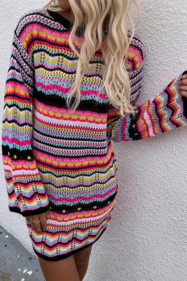 Rainbow Striped Pullover Mid-length Sweater