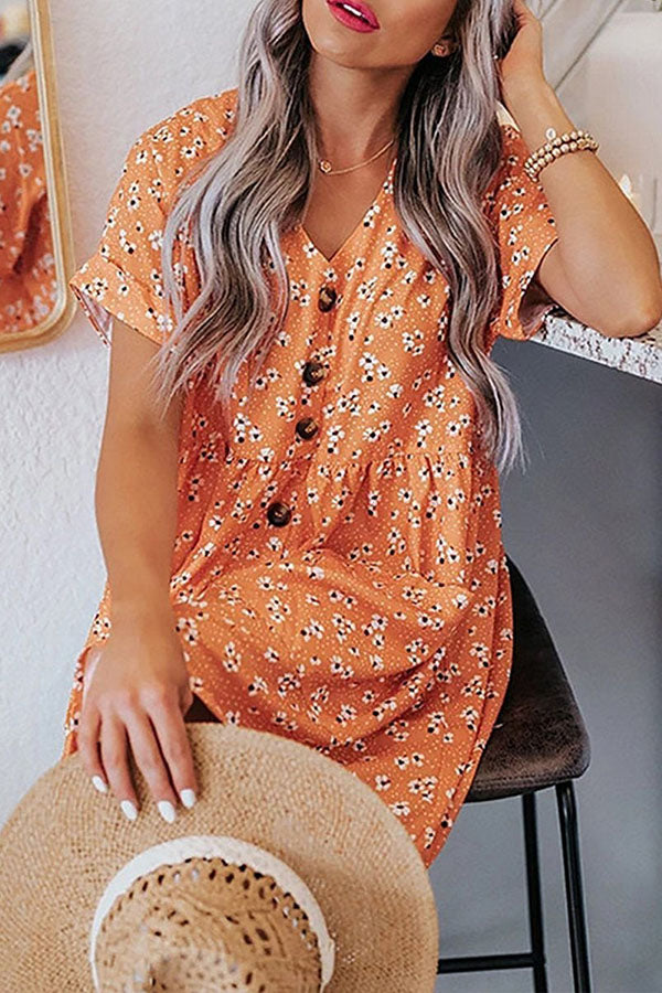 V-neck Print Pockets Loose Mini Dress
