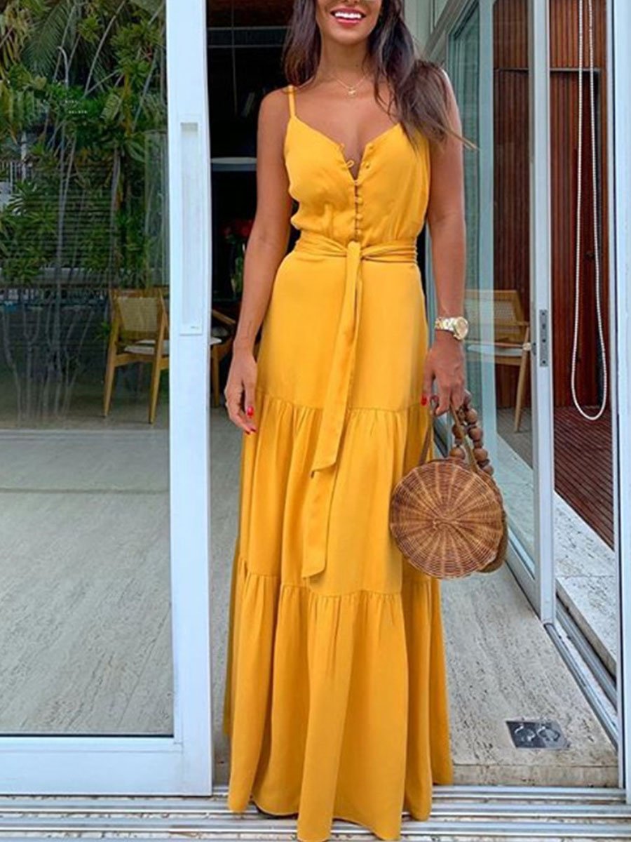 Solid V-neck Patchwork Dress