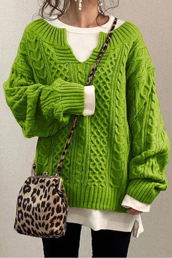 Fashion V-neck Solid Cable Loose Knit Sweater