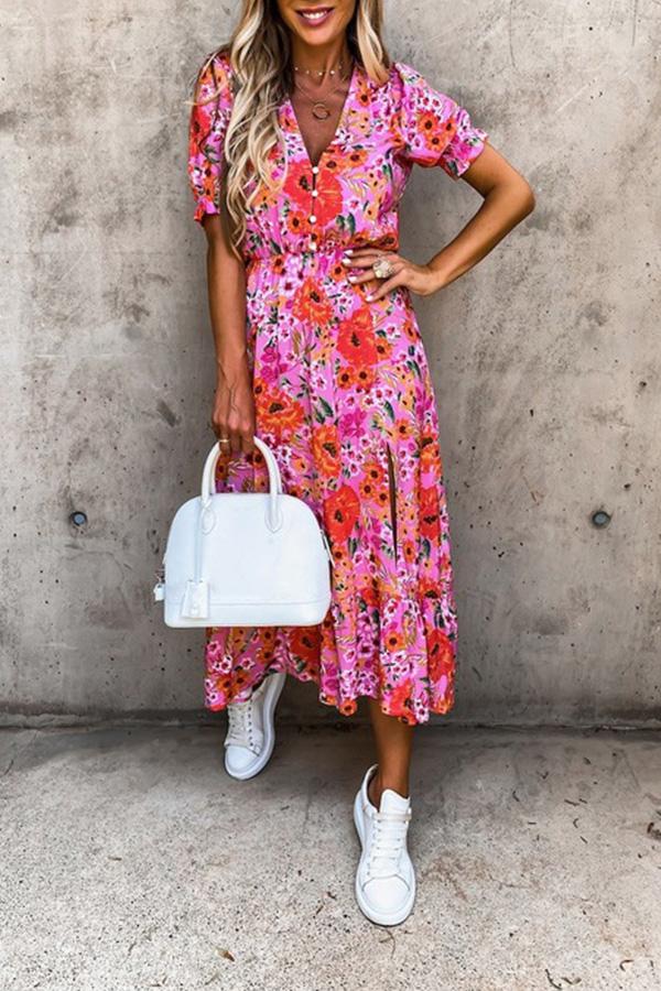 Printed V-neck Waistband Slit Calf-Length Dress