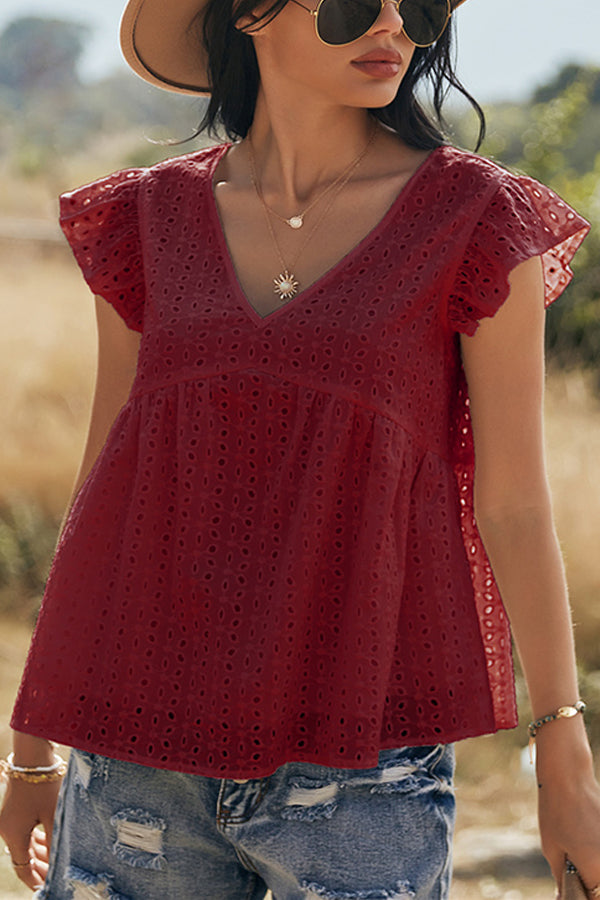 V-neck Lotus Leaf Sleeve Hollow Loose Women's Top