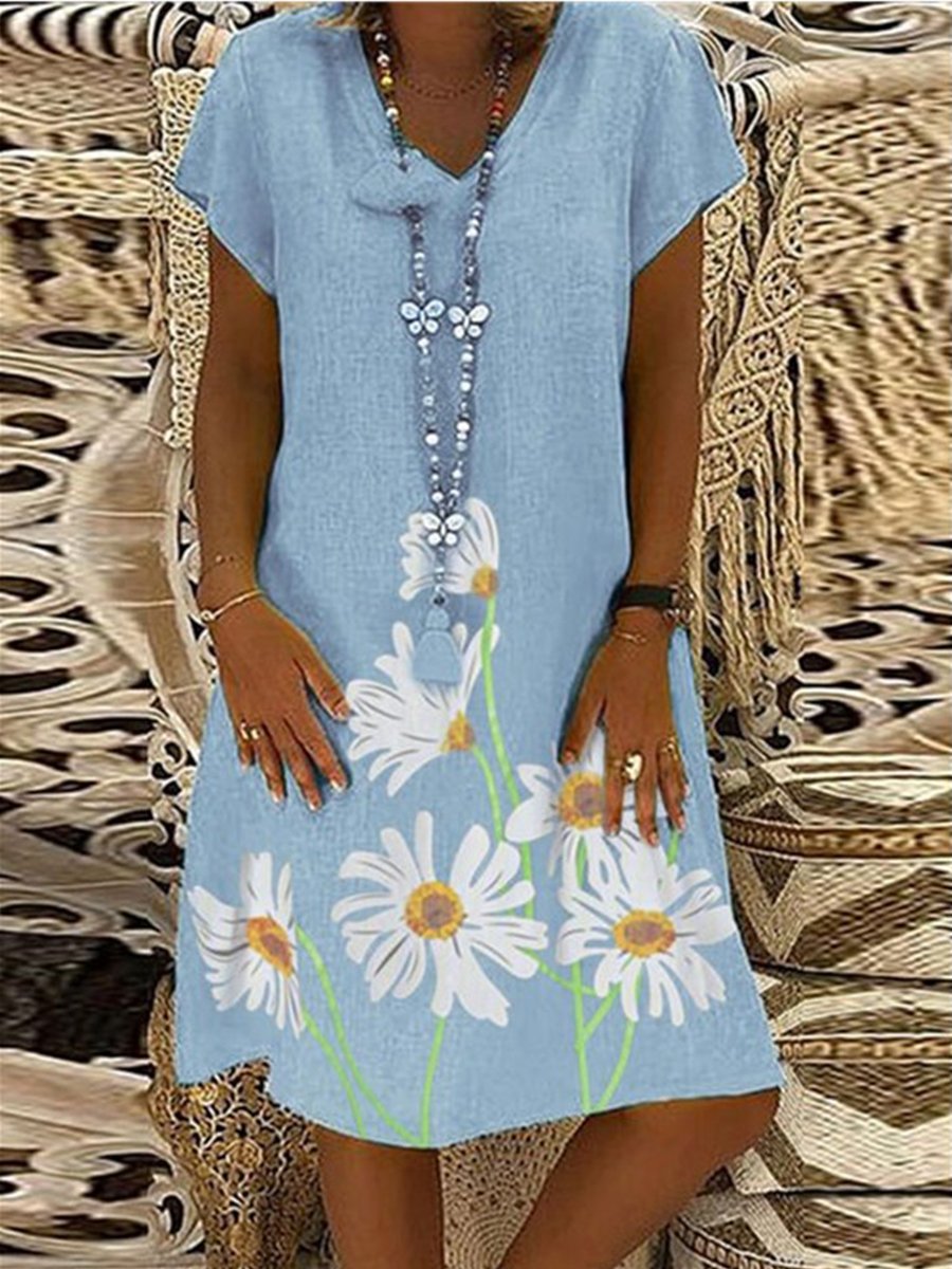 Lightblue Short Sleeve Flax Dresses