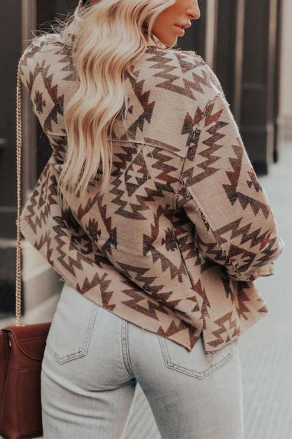 Loose Printed Brown Short Woolen Coat