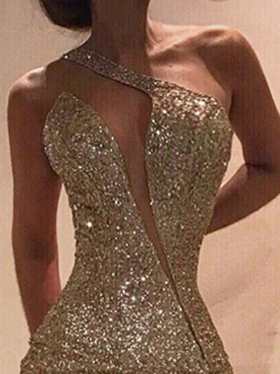 One Shoulder Cut Out Slit Bodycon Sequin Dress