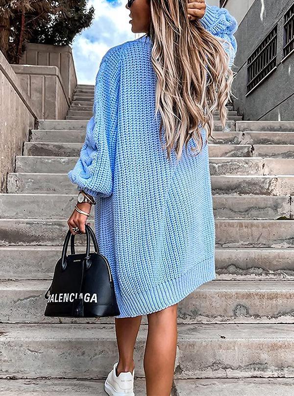 Solid Color Long Lantern Sleeve Knitted Twist Cardigan