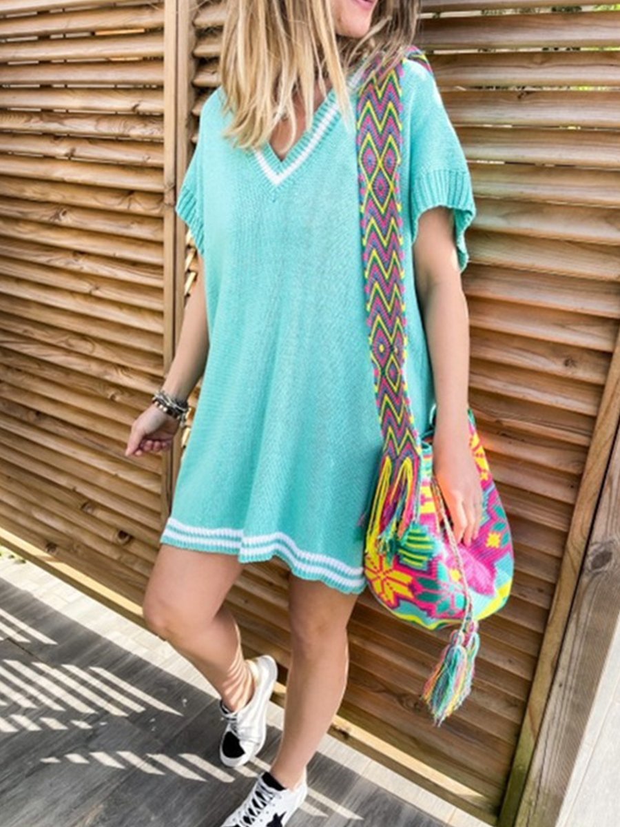 V-neck Short Sleeve Loose Polo Knit Mini Dress