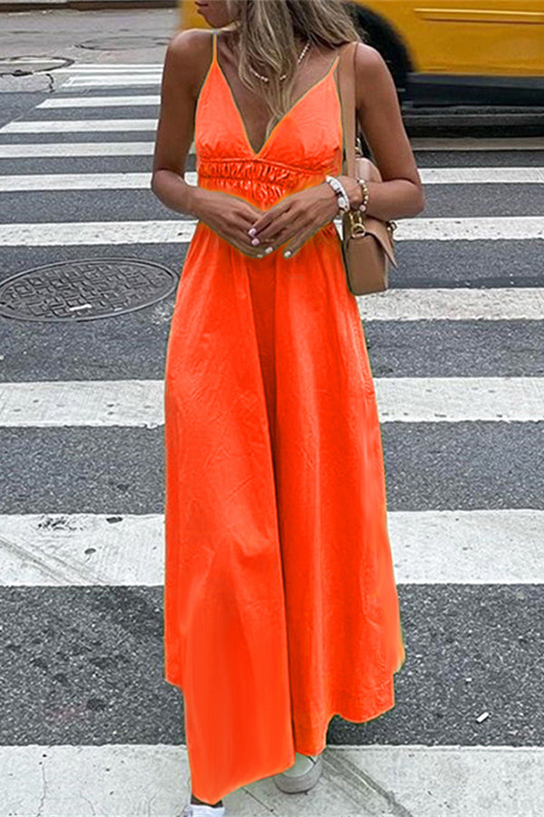 Women's V-neck Sling Solid Color High Waist Dress