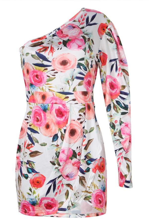 Floral Printed One Shoulder Puff Sleeve Party Dress