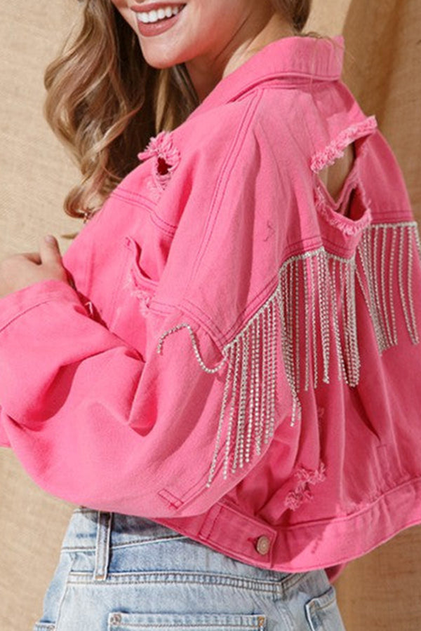 Ripped Rhinestone Fringed Denim Jacket