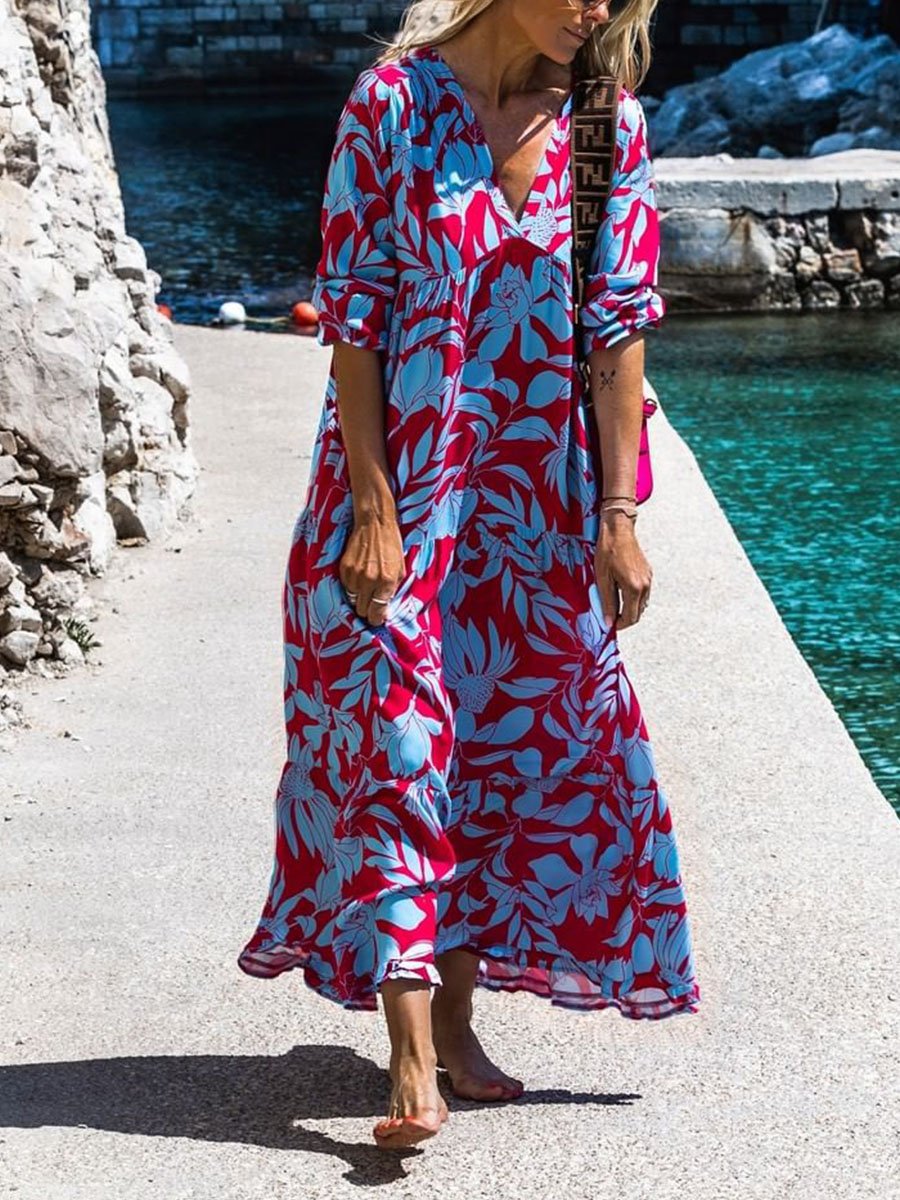 Red Blue Print Casual Long Dress