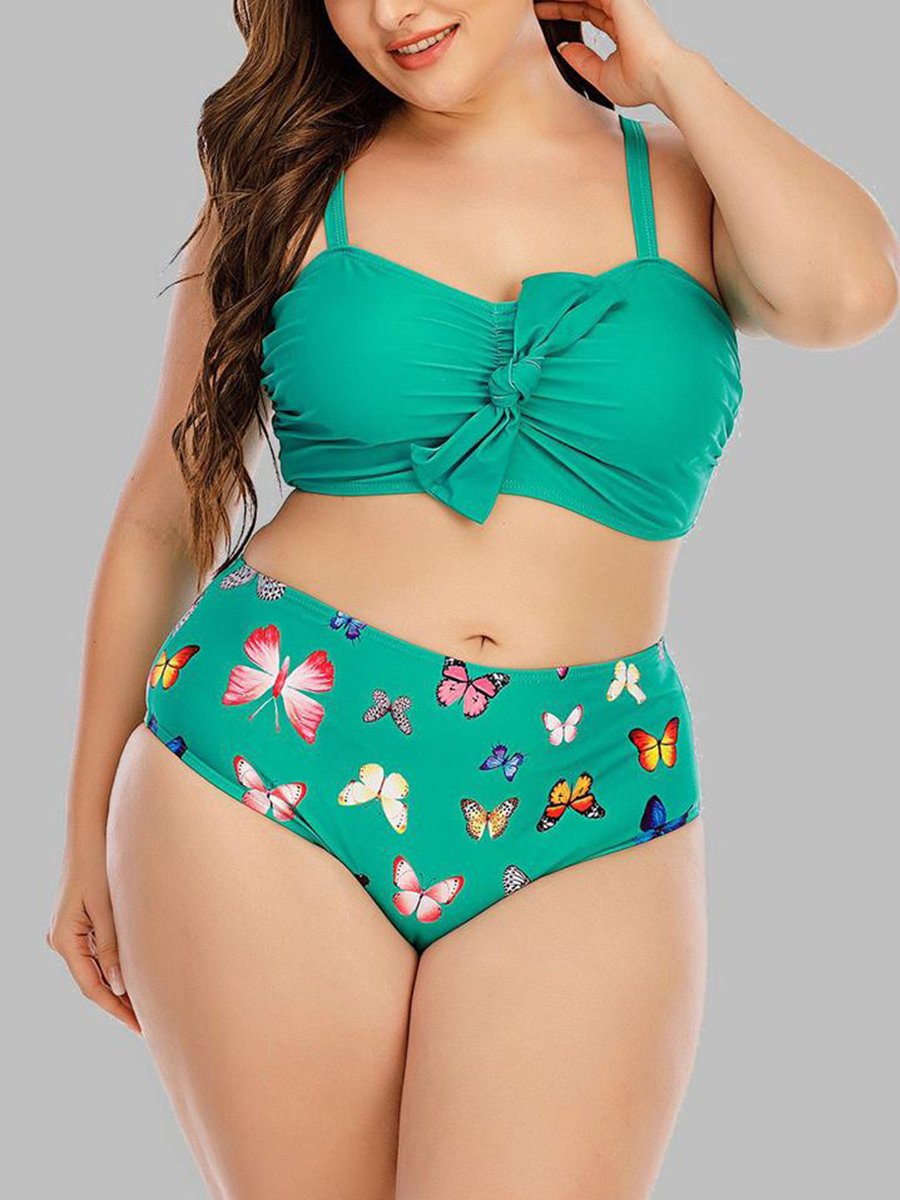 Butterfly Print Ruched Knot Design Black Two-piece Swimsuit