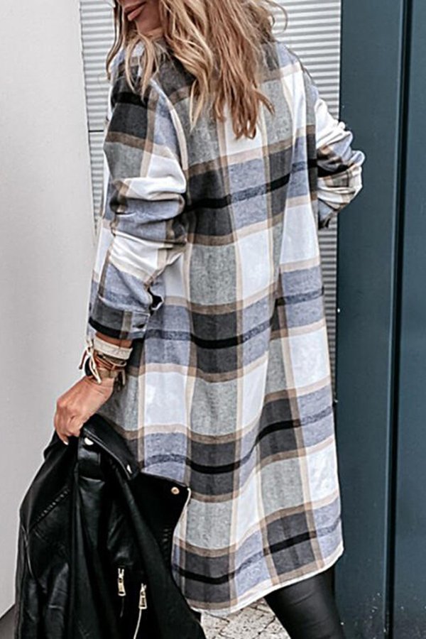 Plaid Pocket Long Sleeve Casual Shirt Dress