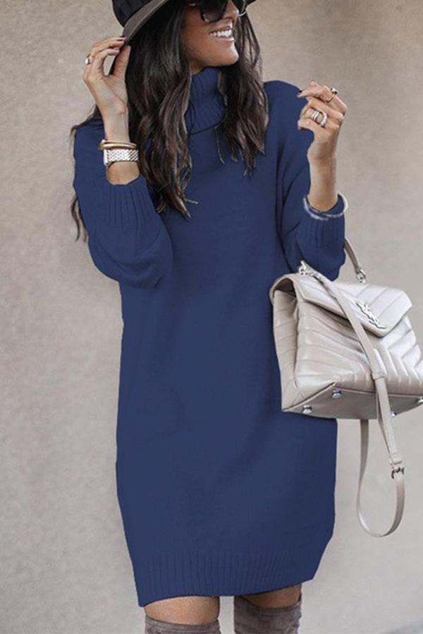 Solid Color Knitted Sweater Dress