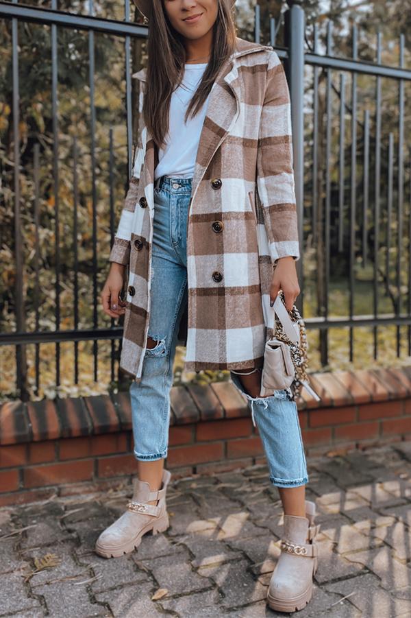 Double Row Button Checked Wool Coat