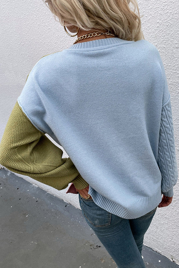 Square Stitching Contrast Color Twist Lantern Sleeve Sweater