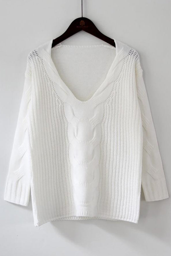 Long Sleeve Hollow Out Knit V-Neck Sweater