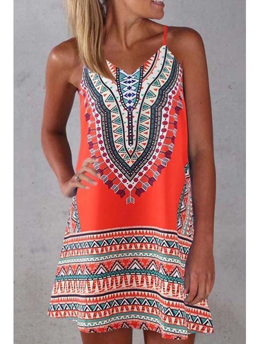 Tribal Print Spaghetti Strap Casual Wear Dress