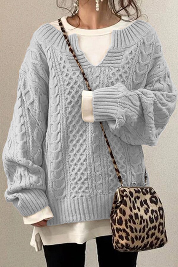 Fashion V-neck Solid Cable Loose Knit Sweater