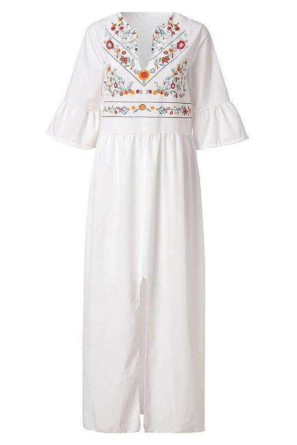 Pleated Front Slit Bell Sleeve Mexico Bohemian Beachwear Maxi Dress
