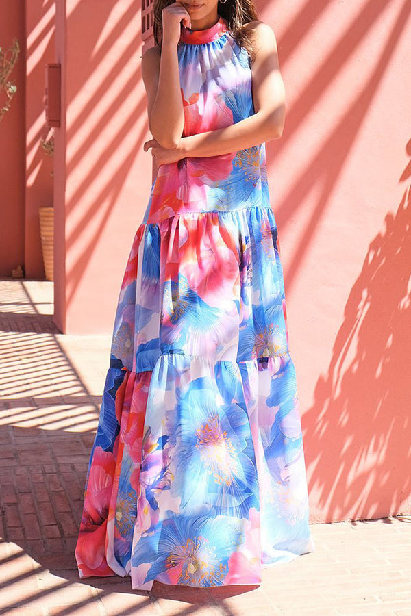 Temperament Halter Neck Sleeveless Print Swing Maxi Dress