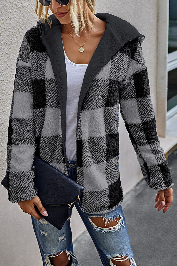 Checked Double-sided Plush Cardigan