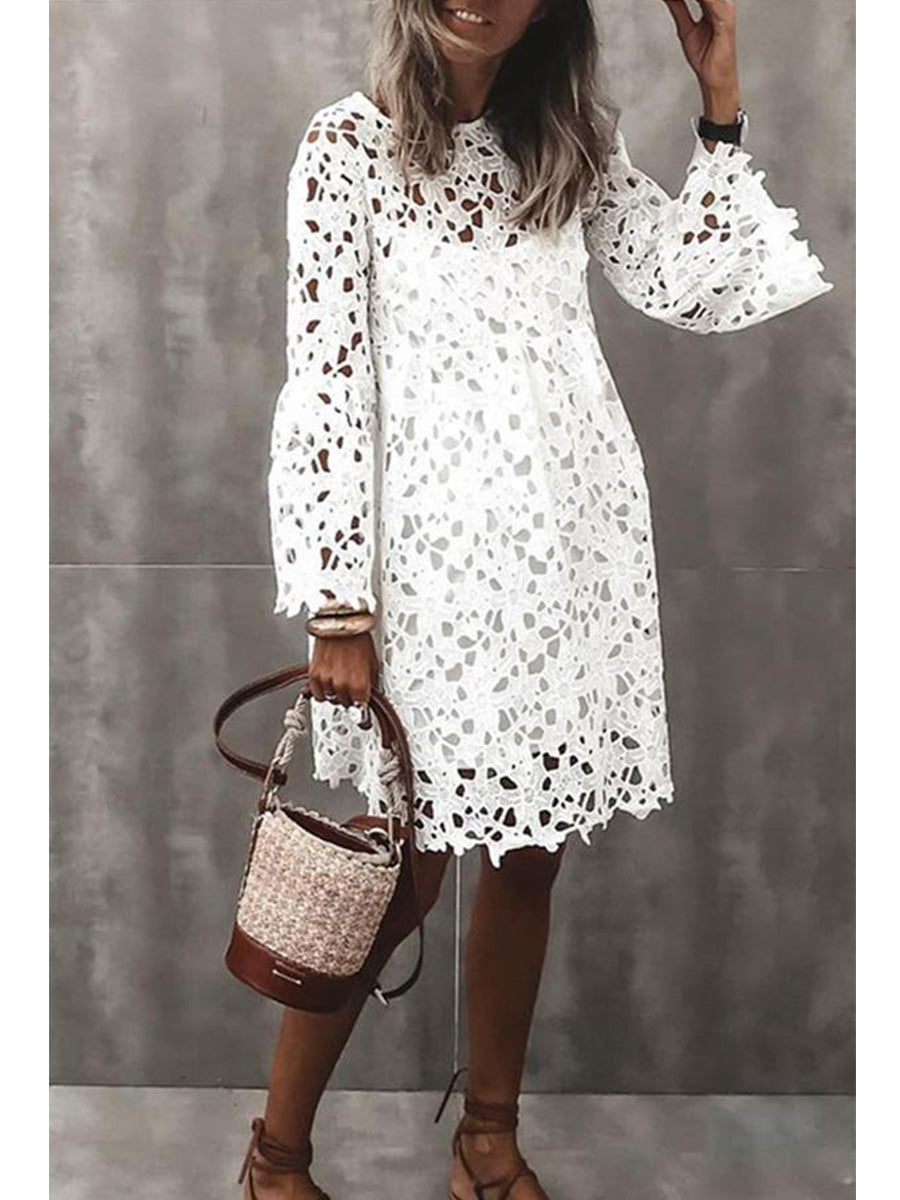 Casual Round Neck Flared Long Sleeve Lace Dress