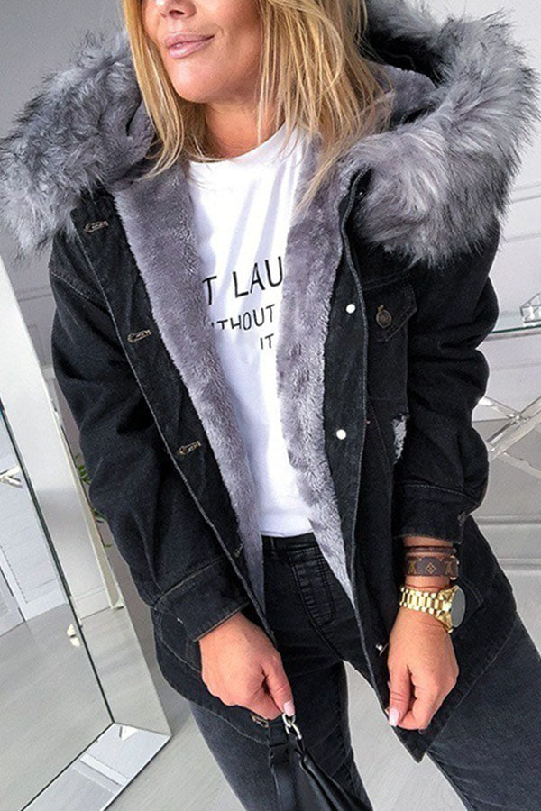 Big Fur Collar Distressed Denim Jacket