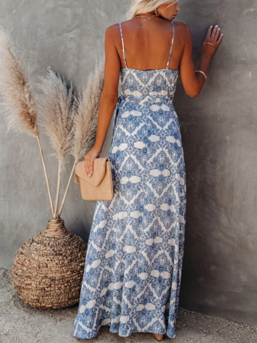 Sweet V Neck Slit Print Suspender Maxi Dress