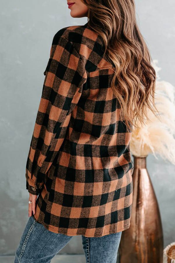Button Front Lapel Plaid Insert Pocket Shacket