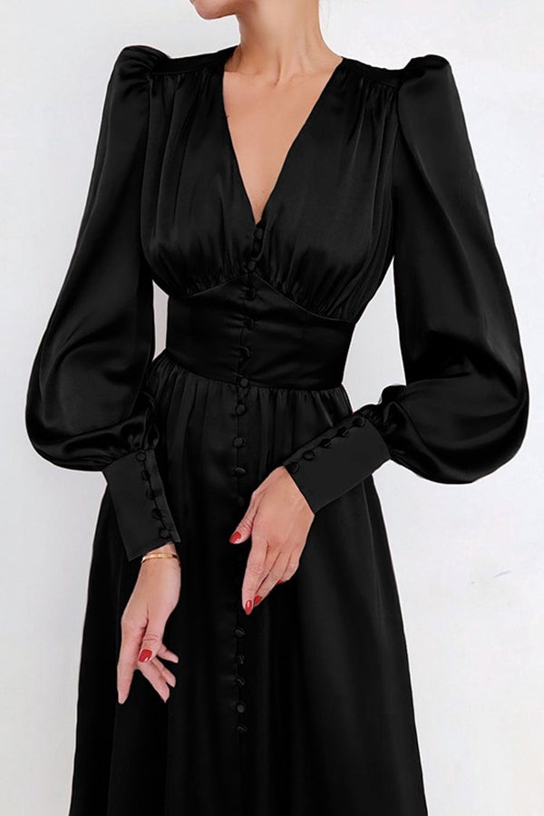 V-neck Lantern Sleeve Waist Slim Vintage Dress