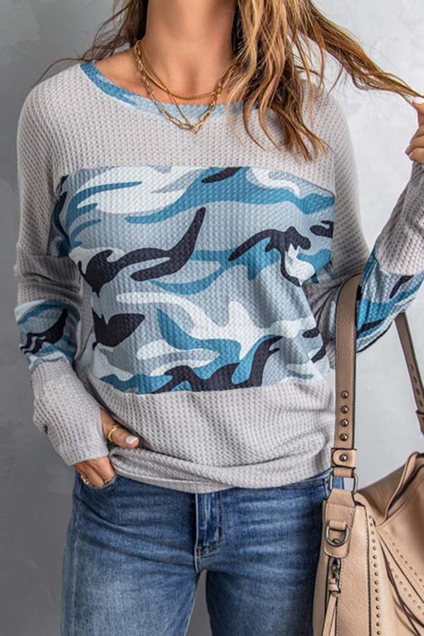 Print Splicing Waffle Knit Top