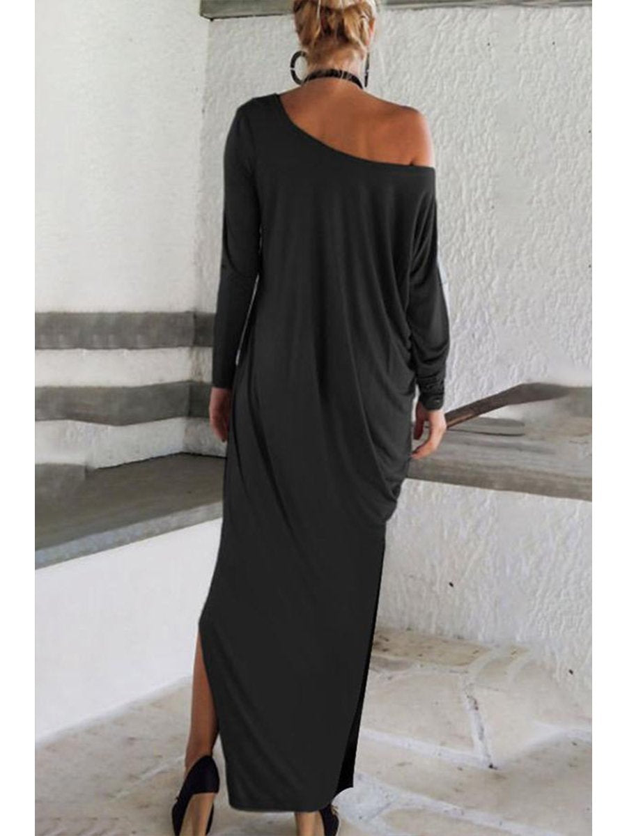 Sexy Sloping Shoulder Solid Color Slit Long Dress