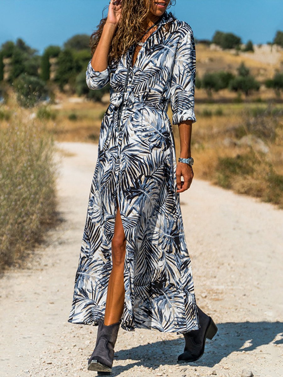 Casual Printed Short-sleeved Lace Up Dress