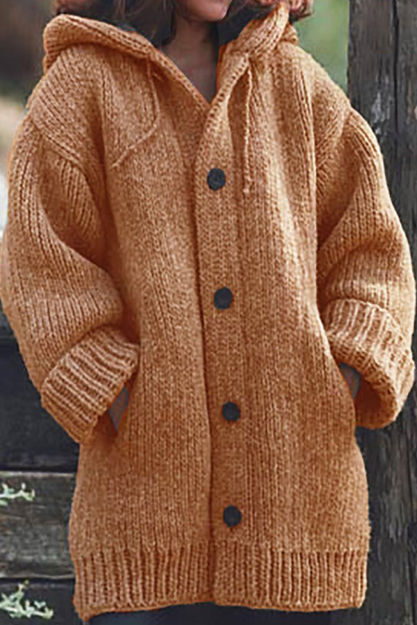 Button Down Hooded Knitted Cardigan Plus Size Outerwear For Women