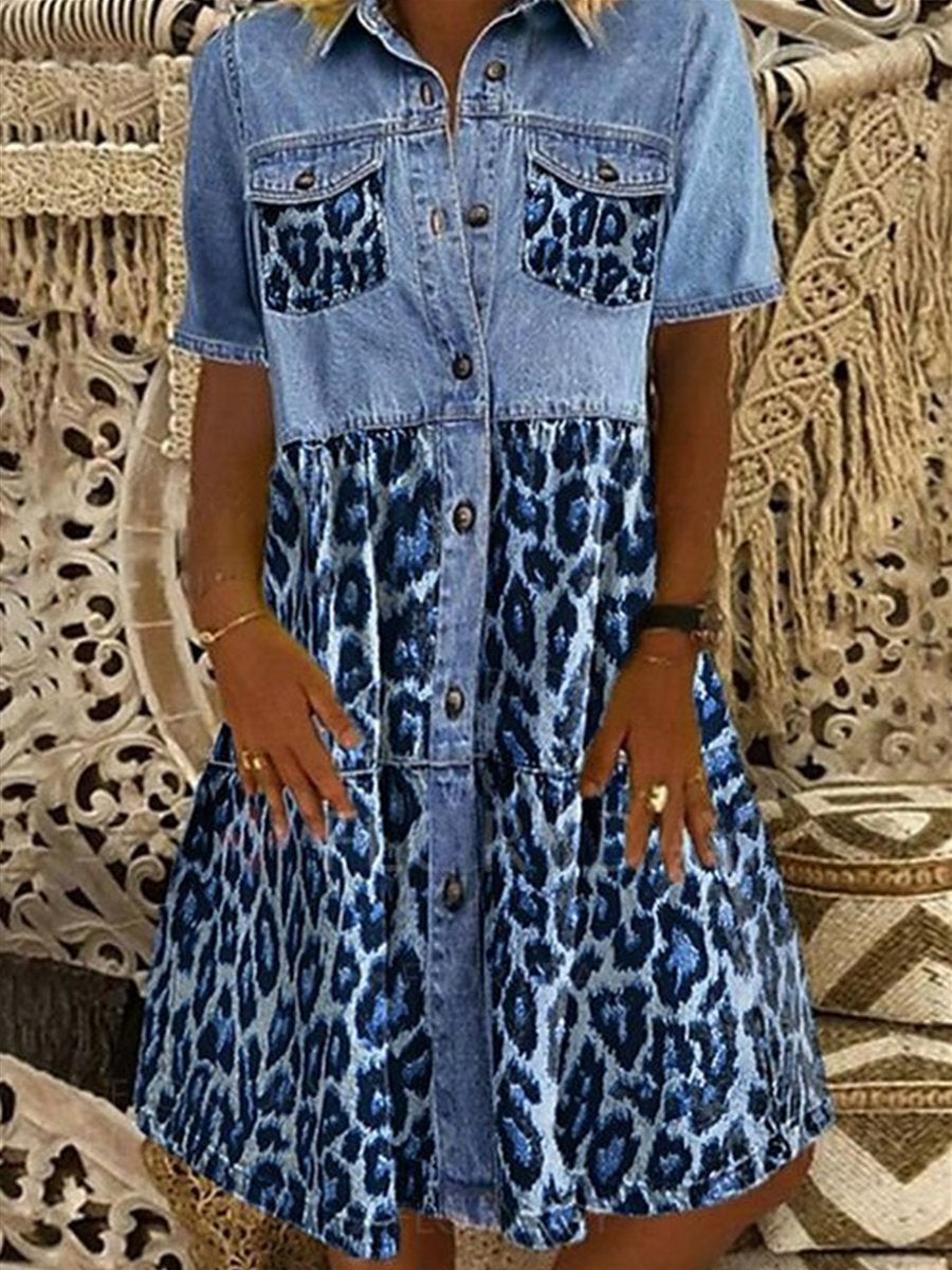 Shirt Collar Leopard Patchwork Dress