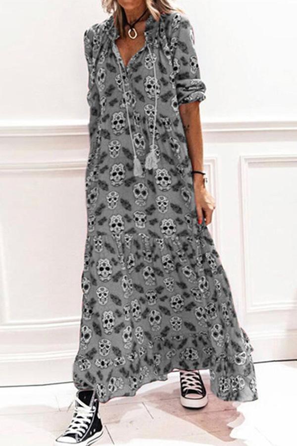 V-neck Casual Loose Medium Sleeve Long Skirt Dress