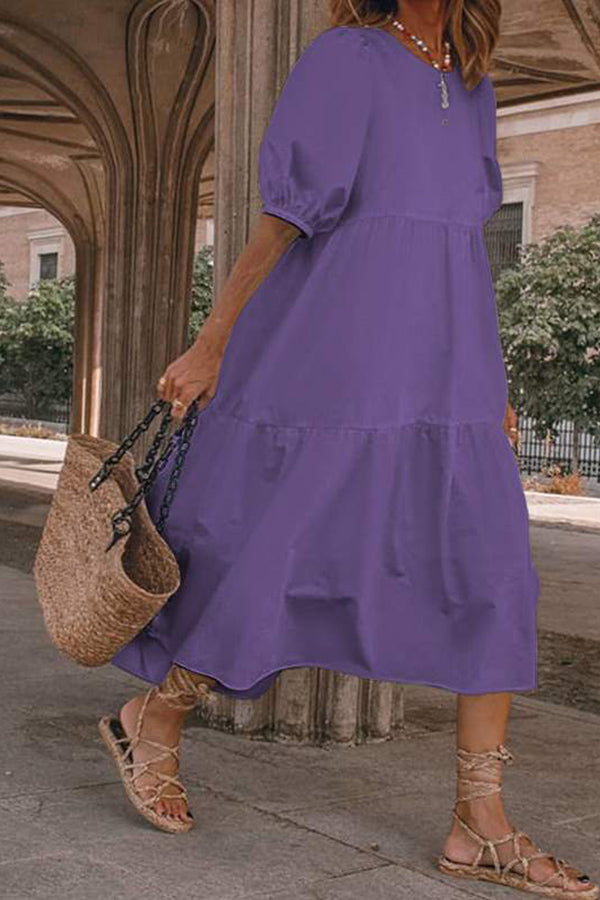 Vacation Puff Sleeve Solid Color Dress