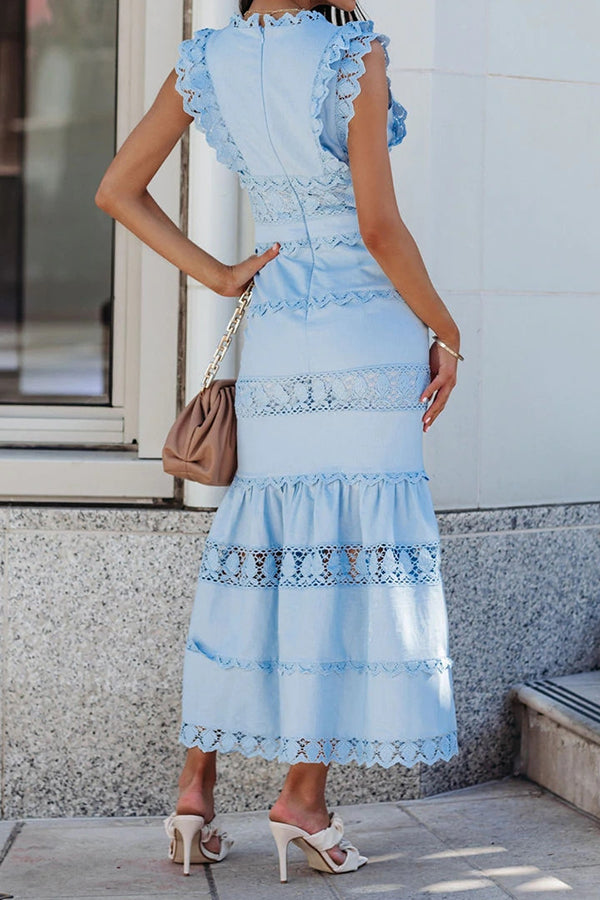 Elegant Lace Solid V-Neck Sleeveless Panel Slim Fit Maxi Dress